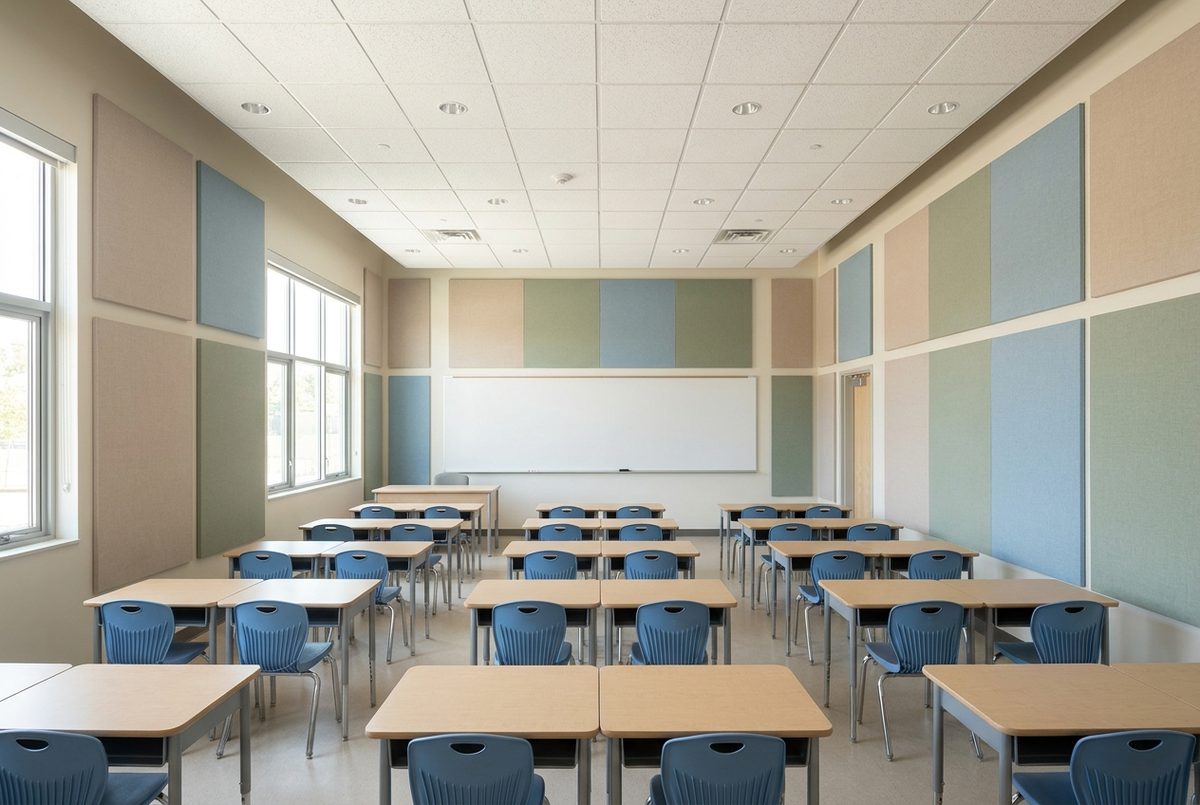 Elementary school classroom with sound-absorbing wall panels and an acoustic tile ceiling